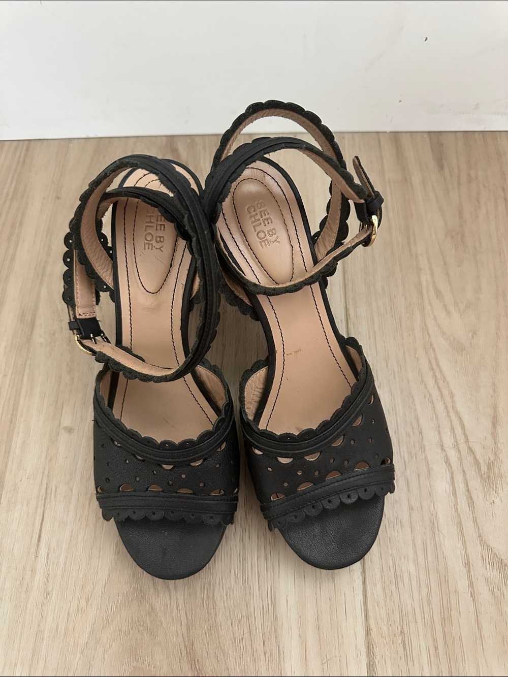 See By Chloe Black Scalloped Cutout Ankle-Strap Heels